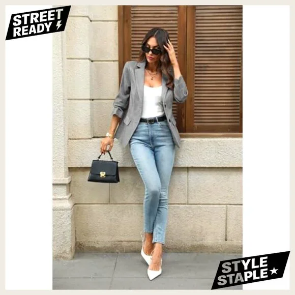 Slim Fit Herringbone Tweed Blazer with Flap Pockets for Business Casual - Picture 4 of 7